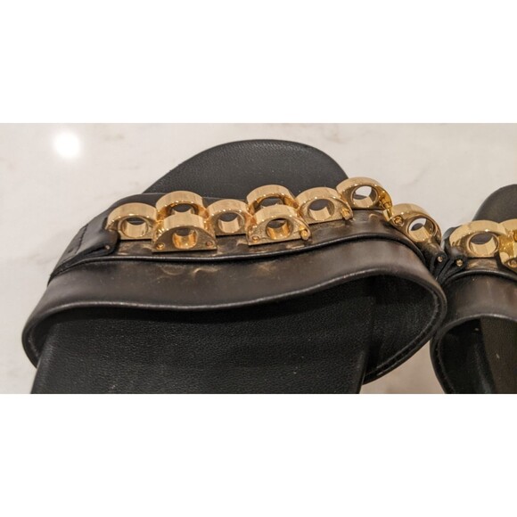 Veronica Beard ENI Black Chain-Trimmed Leather Slides Gold hardware Size 8.5 - Picture 8 of 8